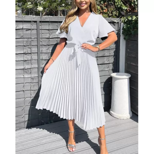 imageBTFBM Women Wrap V Neck Casual Summer Dresses 2023 Short Sleeve Satin Tie Waist Pleated Flowy Wedding Guest Midi DressSolid White