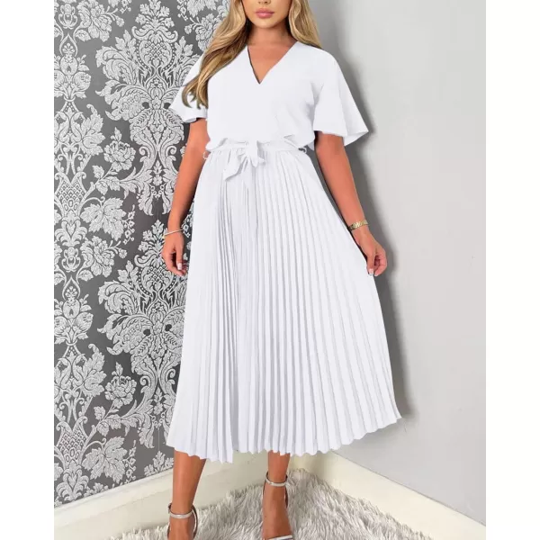 imageBTFBM Women Wrap V Neck Casual Summer Dresses 2023 Short Sleeve Satin Tie Waist Pleated Flowy Wedding Guest Midi DressSolid White
