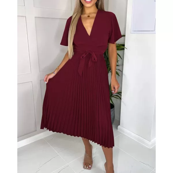 imageBTFBM Women Wrap V Neck Casual Summer Dresses 2023 Short Sleeve Satin Tie Waist Pleated Flowy Wedding Guest Midi DressSolid Wine Red