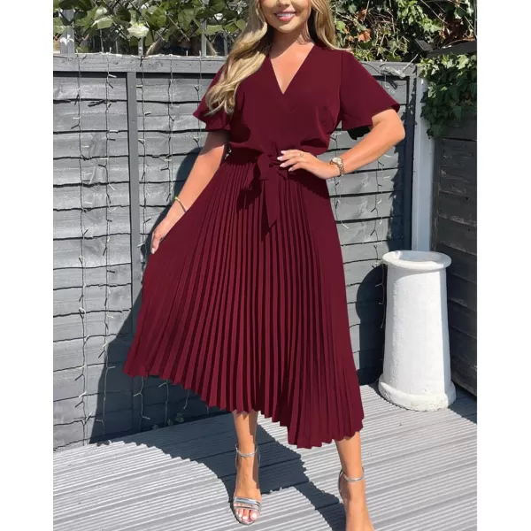 imageBTFBM Women Wrap V Neck Casual Summer Dresses 2023 Short Sleeve Satin Tie Waist Pleated Flowy Wedding Guest Midi DressSolid Wine Red