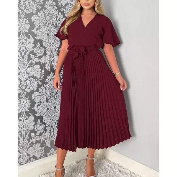 imageBTFBM Women Wrap V Neck Casual Summer Dresses 2023 Short Sleeve Satin Tie Waist Pleated Flowy Wedding Guest Midi DressSolid Wine Red