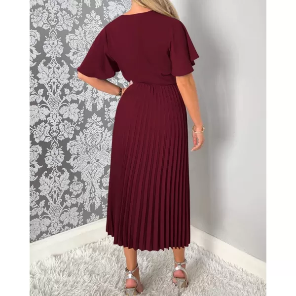 imageBTFBM Women Wrap V Neck Casual Summer Dresses 2023 Short Sleeve Satin Tie Waist Pleated Flowy Wedding Guest Midi DressSolid Wine Red