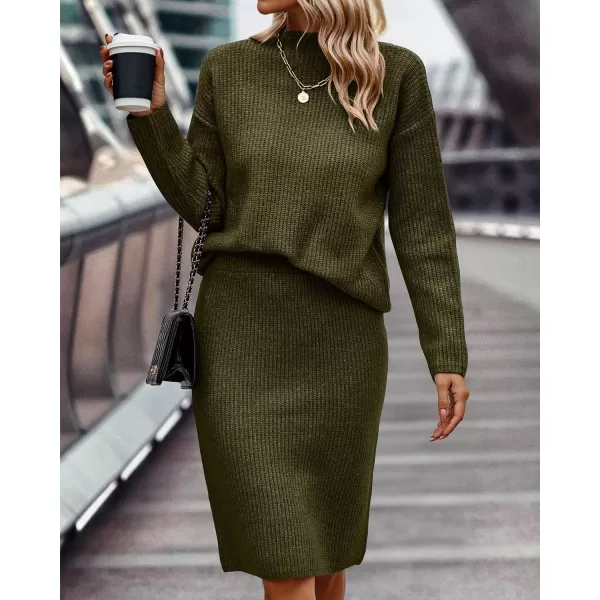 imageBTFBM Womens 2 Piece Skirts Outfits Long Sleeve Knit Pullover Split Bodycon Midi Skirt Fall Winter Sweater Dresses SetSolid Army Green