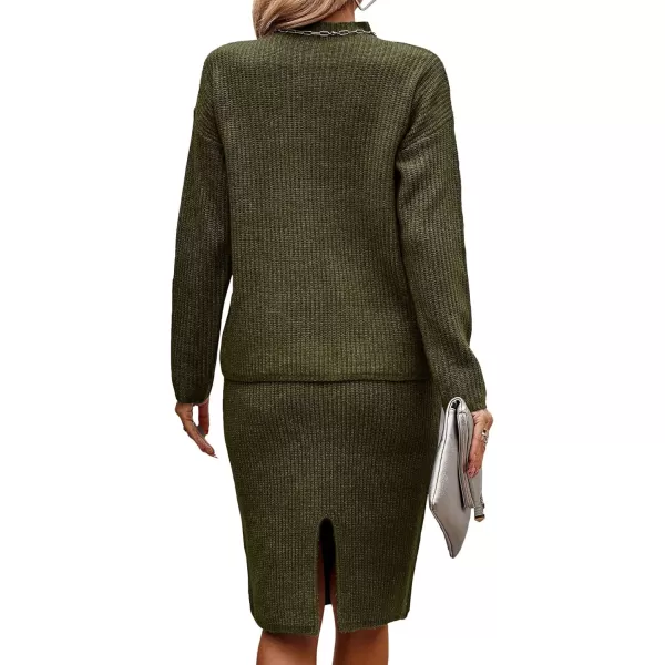 imageBTFBM Womens 2 Piece Skirts Outfits Long Sleeve Knit Pullover Split Bodycon Midi Skirt Fall Winter Sweater Dresses SetSolid Army Green
