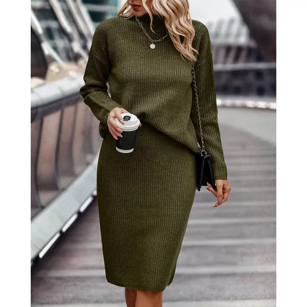 imageBTFBM Womens 2 Piece Skirts Outfits Long Sleeve Knit Pullover Split Bodycon Midi Skirt Fall Winter Sweater Dresses SetSolid Army Green