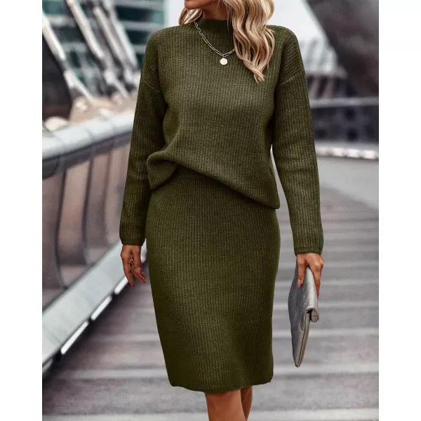 imageBTFBM Womens 2 Piece Skirts Outfits Long Sleeve Knit Pullover Split Bodycon Midi Skirt Fall Winter Sweater Dresses SetSolid Army Green