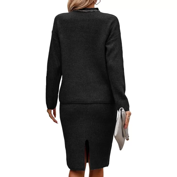 imageBTFBM Womens 2 Piece Skirts Outfits Long Sleeve Knit Pullover Split Bodycon Midi Skirt Fall Winter Sweater Dresses SetSolid Black