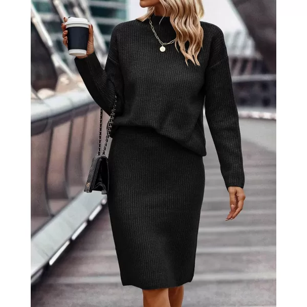 imageBTFBM Womens 2 Piece Skirts Outfits Long Sleeve Knit Pullover Split Bodycon Midi Skirt Fall Winter Sweater Dresses SetSolid Black