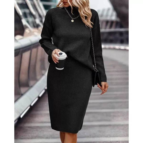 imageBTFBM Womens 2 Piece Skirts Outfits Long Sleeve Knit Pullover Split Bodycon Midi Skirt Fall Winter Sweater Dresses SetSolid Black