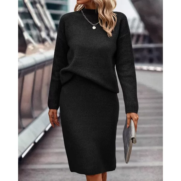 imageBTFBM Womens 2 Piece Skirts Outfits Long Sleeve Knit Pullover Split Bodycon Midi Skirt Fall Winter Sweater Dresses SetSolid Black