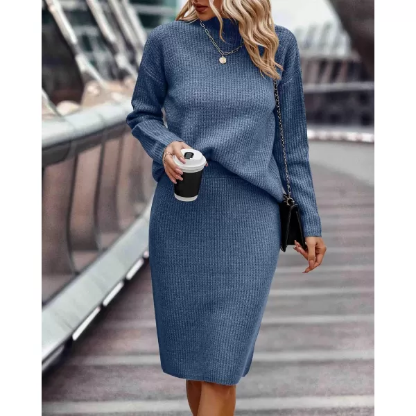 imageBTFBM Womens 2 Piece Skirts Outfits Long Sleeve Knit Pullover Split Bodycon Midi Skirt Fall Winter Sweater Dresses SetSolid Grey Blue