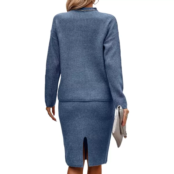 imageBTFBM Womens 2 Piece Skirts Outfits Long Sleeve Knit Pullover Split Bodycon Midi Skirt Fall Winter Sweater Dresses SetSolid Grey Blue