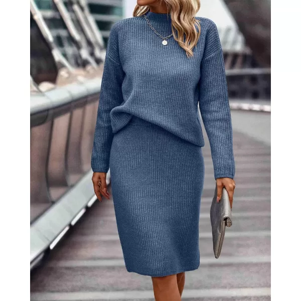imageBTFBM Womens 2 Piece Skirts Outfits Long Sleeve Knit Pullover Split Bodycon Midi Skirt Fall Winter Sweater Dresses SetSolid Grey Blue