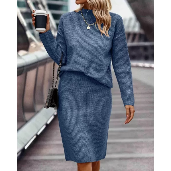imageBTFBM Womens 2 Piece Skirts Outfits Long Sleeve Knit Pullover Split Bodycon Midi Skirt Fall Winter Sweater Dresses SetSolid Grey Blue