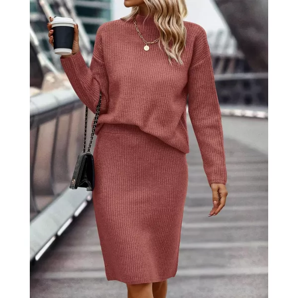 imageBTFBM Womens 2 Piece Skirts Outfits Long Sleeve Knit Pullover Split Bodycon Midi Skirt Fall Winter Sweater Dresses SetSolid Grey Pink