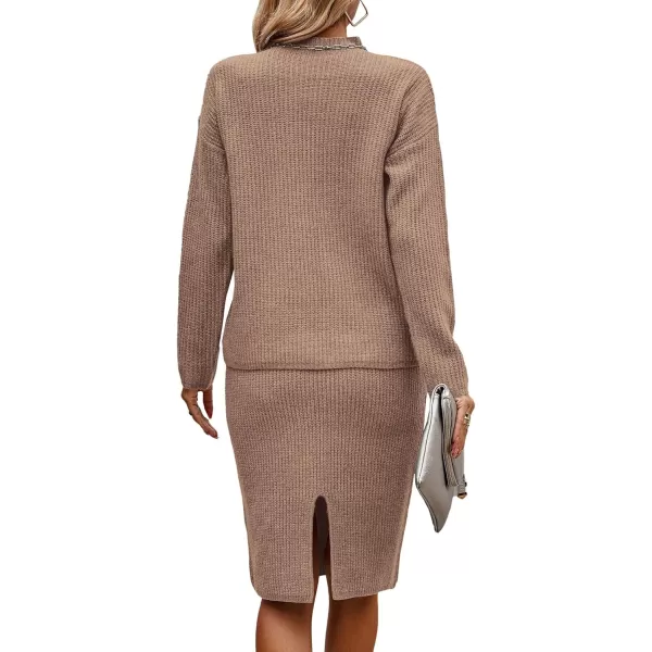 imageBTFBM Womens 2 Piece Skirts Outfits Long Sleeve Knit Pullover Split Bodycon Midi Skirt Fall Winter Sweater Dresses SetSolid Khaki