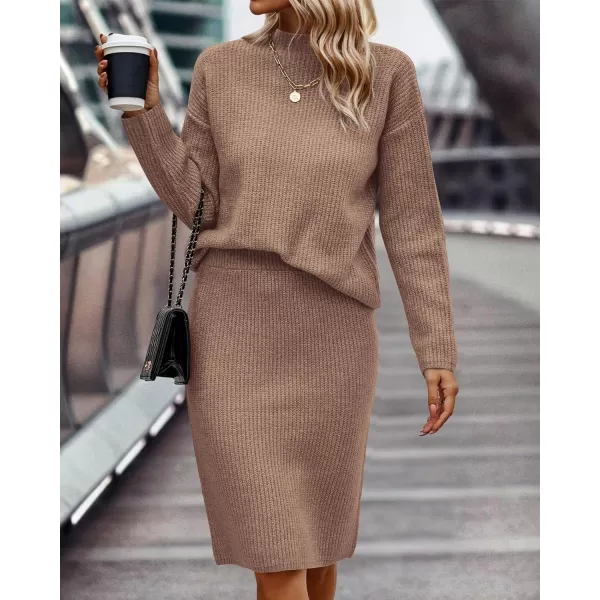 imageBTFBM Womens 2 Piece Skirts Outfits Long Sleeve Knit Pullover Split Bodycon Midi Skirt Fall Winter Sweater Dresses SetSolid Khaki