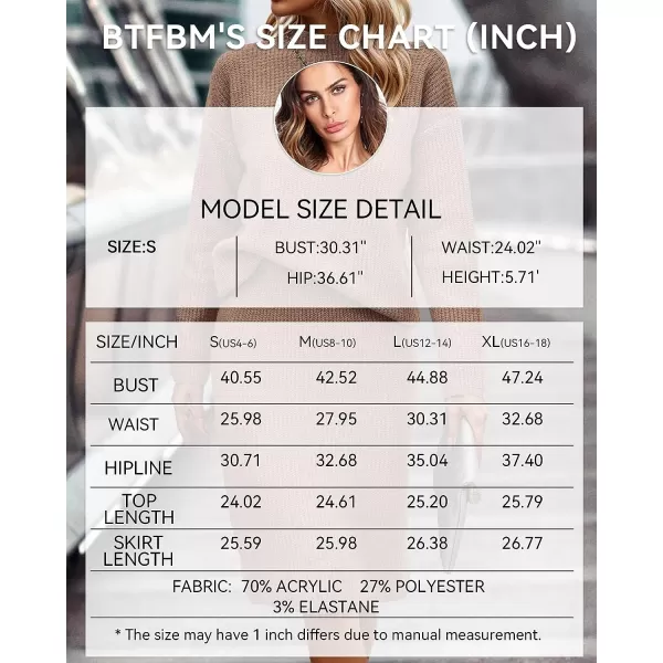 imageBTFBM Womens 2 Piece Skirts Outfits Long Sleeve Knit Pullover Split Bodycon Midi Skirt Fall Winter Sweater Dresses SetSolid Khaki