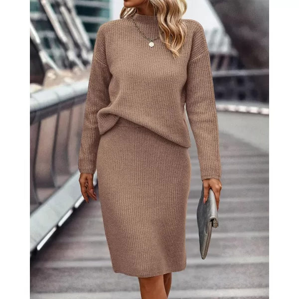 imageBTFBM Womens 2 Piece Skirts Outfits Long Sleeve Knit Pullover Split Bodycon Midi Skirt Fall Winter Sweater Dresses SetSolid Khaki