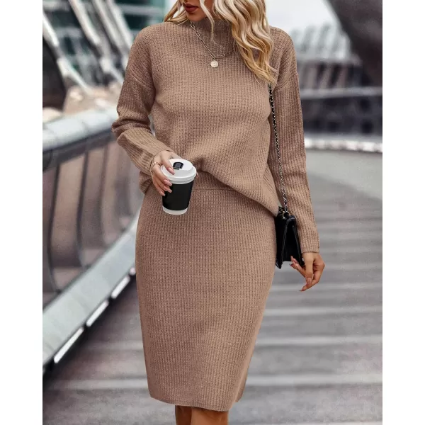 imageBTFBM Womens 2 Piece Skirts Outfits Long Sleeve Knit Pullover Split Bodycon Midi Skirt Fall Winter Sweater Dresses SetSolid Khaki