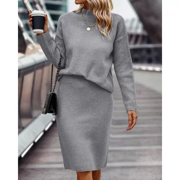 imageBTFBM Womens 2 Piece Skirts Outfits Long Sleeve Knit Pullover Split Bodycon Midi Skirt Fall Winter Sweater Dresses SetSolid Light Grey