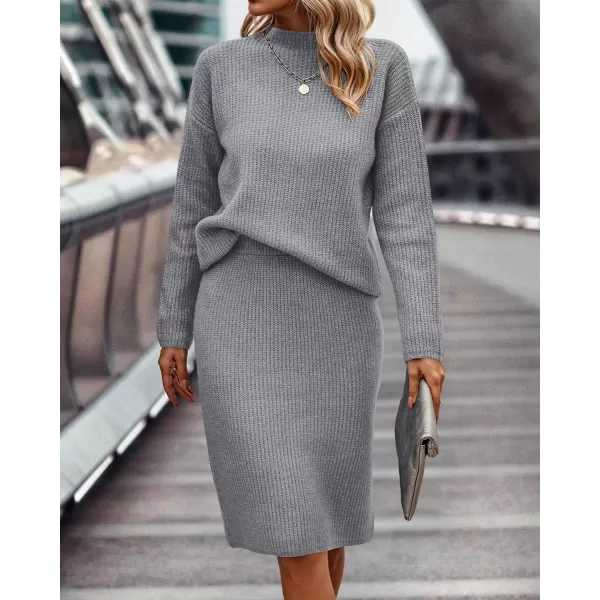 imageBTFBM Womens 2 Piece Skirts Outfits Long Sleeve Knit Pullover Split Bodycon Midi Skirt Fall Winter Sweater Dresses SetSolid Light Grey