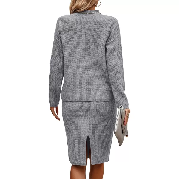 imageBTFBM Womens 2 Piece Skirts Outfits Long Sleeve Knit Pullover Split Bodycon Midi Skirt Fall Winter Sweater Dresses SetSolid Light Grey