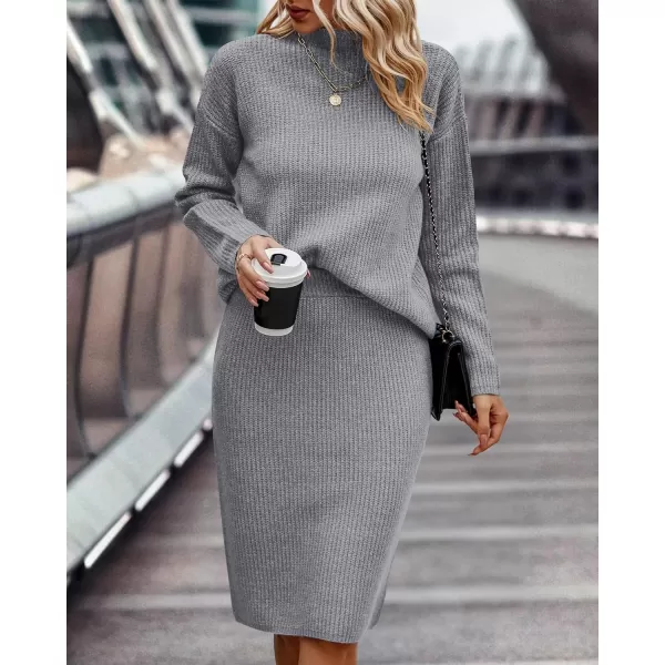 imageBTFBM Womens 2 Piece Skirts Outfits Long Sleeve Knit Pullover Split Bodycon Midi Skirt Fall Winter Sweater Dresses SetSolid Light Grey