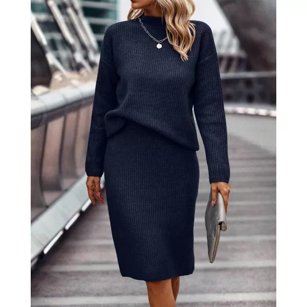 imageBTFBM Womens 2 Piece Skirts Outfits Long Sleeve Knit Pullover Split Bodycon Midi Skirt Fall Winter Sweater Dresses SetSolid Navy