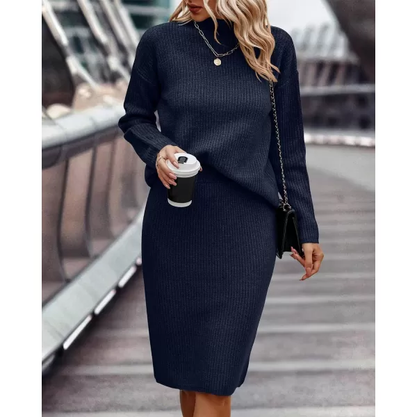 imageBTFBM Womens 2 Piece Skirts Outfits Long Sleeve Knit Pullover Split Bodycon Midi Skirt Fall Winter Sweater Dresses SetSolid Navy