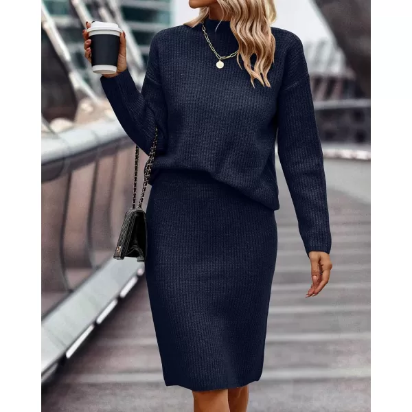 imageBTFBM Womens 2 Piece Skirts Outfits Long Sleeve Knit Pullover Split Bodycon Midi Skirt Fall Winter Sweater Dresses SetSolid Navy