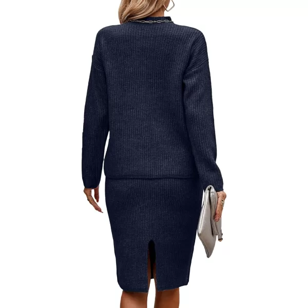 imageBTFBM Womens 2 Piece Skirts Outfits Long Sleeve Knit Pullover Split Bodycon Midi Skirt Fall Winter Sweater Dresses SetSolid Navy