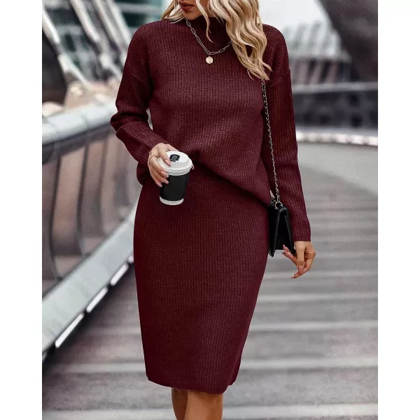 imageBTFBM Womens 2 Piece Skirts Outfits Long Sleeve Knit Pullover Split Bodycon Midi Skirt Fall Winter Sweater Dresses SetSolid Wine Red