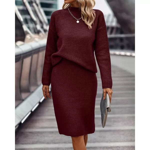 imageBTFBM Womens 2 Piece Skirts Outfits Long Sleeve Knit Pullover Split Bodycon Midi Skirt Fall Winter Sweater Dresses SetSolid Wine Red