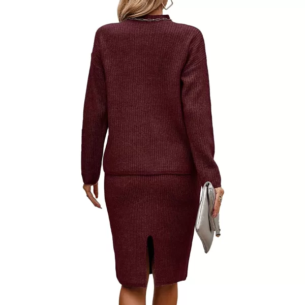 imageBTFBM Womens 2 Piece Skirts Outfits Long Sleeve Knit Pullover Split Bodycon Midi Skirt Fall Winter Sweater Dresses SetSolid Wine Red
