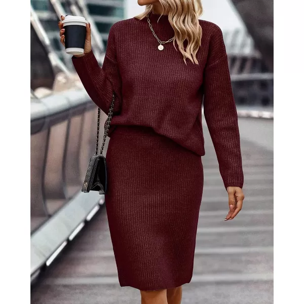 imageBTFBM Womens 2 Piece Skirts Outfits Long Sleeve Knit Pullover Split Bodycon Midi Skirt Fall Winter Sweater Dresses SetSolid Wine Red