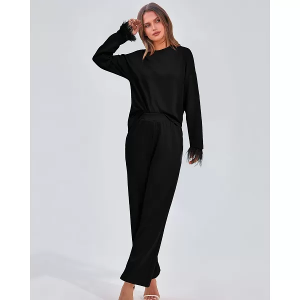 imageBTFBM Womens 2 Piece Sweatsuit Outfits Feather Trim Long Sleeve Pullover Wide Leg Pants Casual Tracksuits Lounge SetsSolid Black