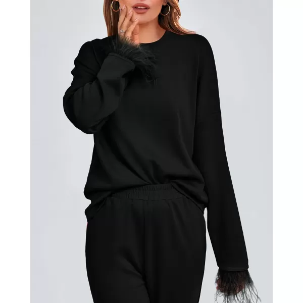imageBTFBM Womens 2 Piece Sweatsuit Outfits Feather Trim Long Sleeve Pullover Wide Leg Pants Casual Tracksuits Lounge SetsSolid Black
