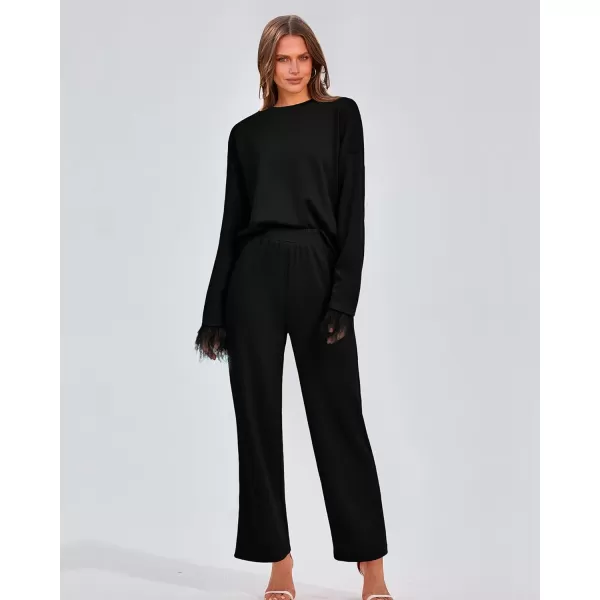 imageBTFBM Womens 2 Piece Sweatsuit Outfits Feather Trim Long Sleeve Pullover Wide Leg Pants Casual Tracksuits Lounge SetsSolid Black