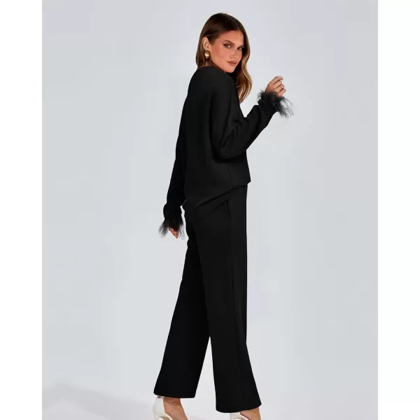 imageBTFBM Womens 2 Piece Sweatsuit Outfits Feather Trim Long Sleeve Pullover Wide Leg Pants Casual Tracksuits Lounge SetsSolid Black