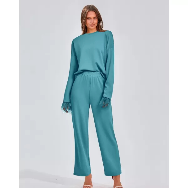 imageBTFBM Womens 2 Piece Sweatsuit Outfits Feather Trim Long Sleeve Pullover Wide Leg Pants Casual Tracksuits Lounge SetsSolid Blue Green