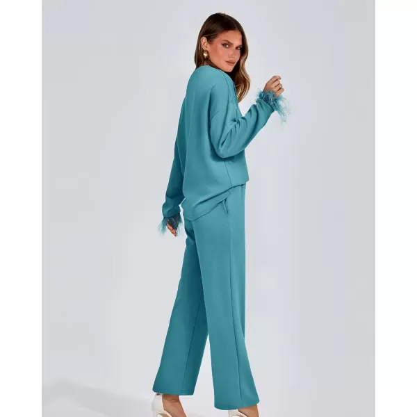 imageBTFBM Womens 2 Piece Sweatsuit Outfits Feather Trim Long Sleeve Pullover Wide Leg Pants Casual Tracksuits Lounge SetsSolid Blue Green