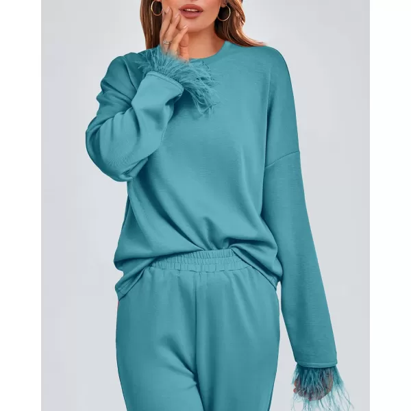 imageBTFBM Womens 2 Piece Sweatsuit Outfits Feather Trim Long Sleeve Pullover Wide Leg Pants Casual Tracksuits Lounge SetsSolid Blue Green
