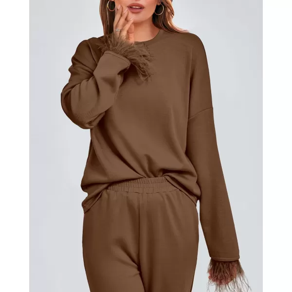 imageBTFBM Womens 2 Piece Sweatsuit Outfits Feather Trim Long Sleeve Pullover Wide Leg Pants Casual Tracksuits Lounge SetsSolid Dark Brown