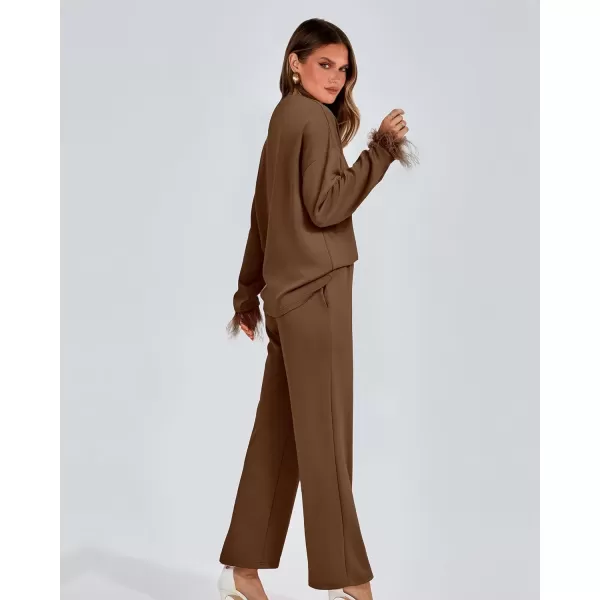 imageBTFBM Womens 2 Piece Sweatsuit Outfits Feather Trim Long Sleeve Pullover Wide Leg Pants Casual Tracksuits Lounge SetsSolid Dark Brown