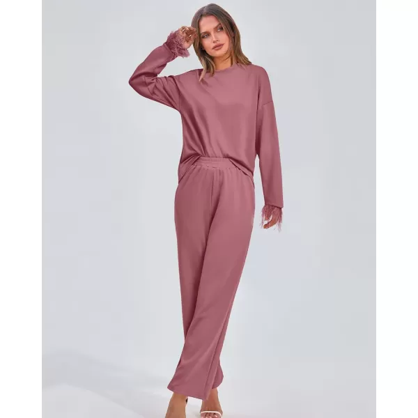 imageBTFBM Womens 2 Piece Sweatsuit Outfits Feather Trim Long Sleeve Pullover Wide Leg Pants Casual Tracksuits Lounge SetsSolid Dusty Pink