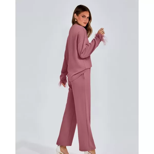 imageBTFBM Womens 2 Piece Sweatsuit Outfits Feather Trim Long Sleeve Pullover Wide Leg Pants Casual Tracksuits Lounge SetsSolid Dusty Pink