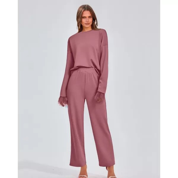 imageBTFBM Womens 2 Piece Sweatsuit Outfits Feather Trim Long Sleeve Pullover Wide Leg Pants Casual Tracksuits Lounge SetsSolid Dusty Pink