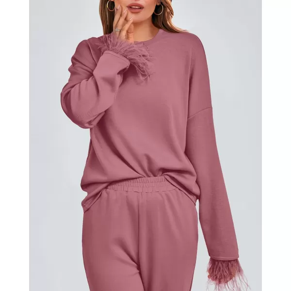imageBTFBM Womens 2 Piece Sweatsuit Outfits Feather Trim Long Sleeve Pullover Wide Leg Pants Casual Tracksuits Lounge SetsSolid Dusty Pink