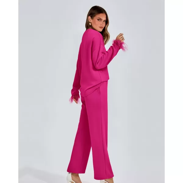 imageBTFBM Womens 2 Piece Sweatsuit Outfits Feather Trim Long Sleeve Pullover Wide Leg Pants Casual Tracksuits Lounge SetsSolid Rose Red
